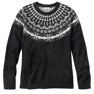 LL Bean Cashmere Crewneck Fair Isle Sweater, Black Mid Heather Grey, Size XL